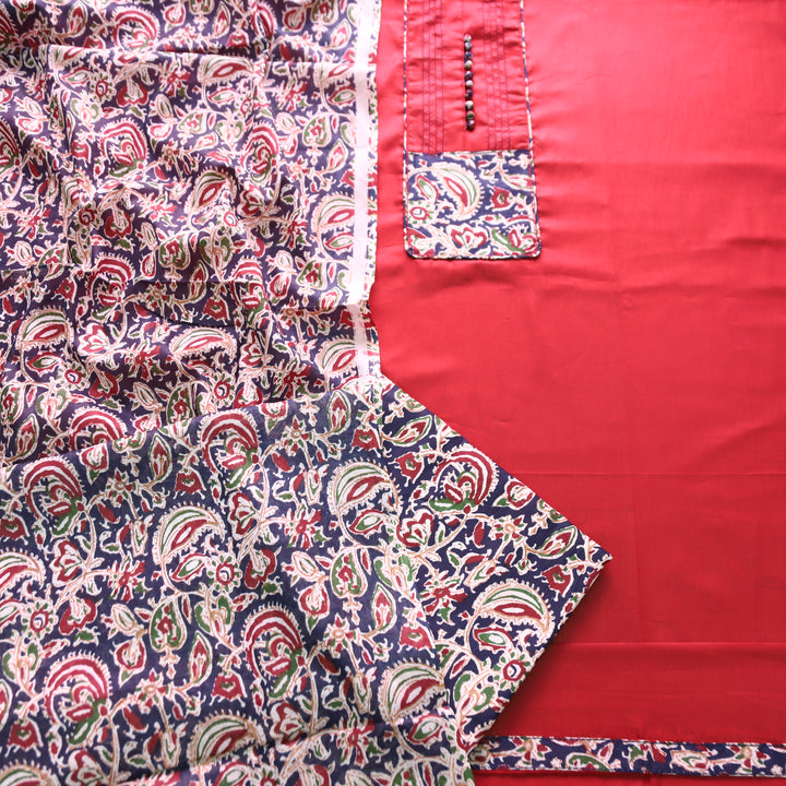 Radhika Berry Red Potli  Button with Kalamakari Printed Neck Patch Cotton Suit Set