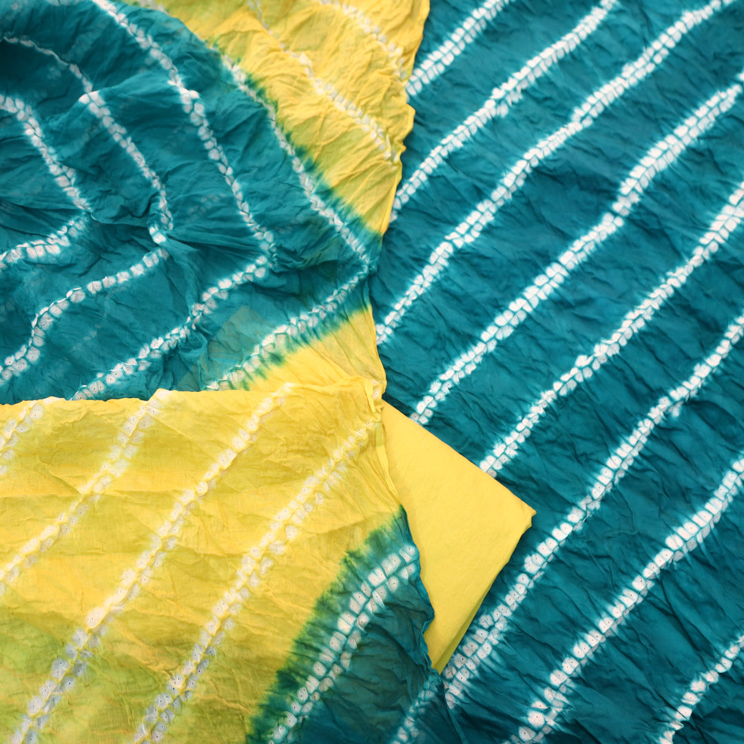 Leher Aqua Teal Leheriya Printed Authentic Bandhej Cotton Satin Set