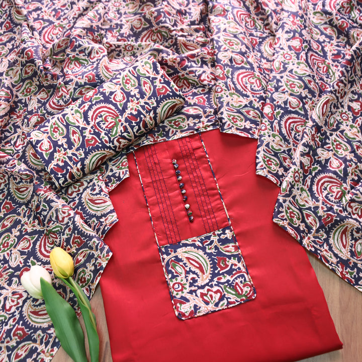 Radhika Berry Red Potli  Button with Kalamakari Printed Neck Patch Cotton Suit Set