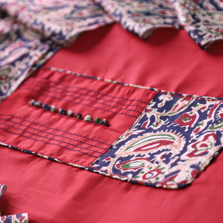 Radhika Berry Red Potli  Button with Kalamakari Printed Neck Patch Cotton Suit Set