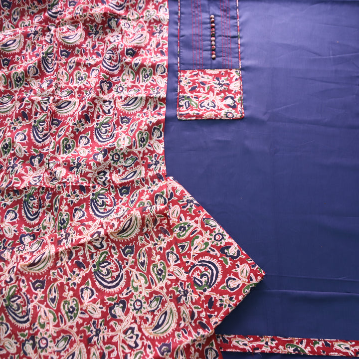 Radhika Indigo Blue Potli Button with Kalamakari Printed  Neck Patch Cotton Suit Set