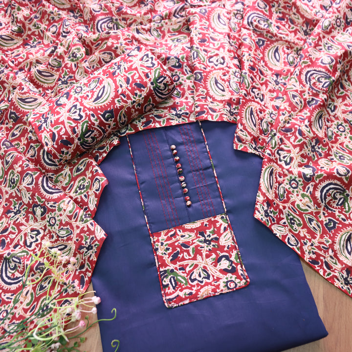 Radhika Indigo Blue Potli Button with Kalamakari Printed  Neck Patch Cotton Suit Set