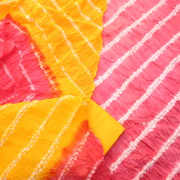 Leher Bubblegum Pink Leheriya Printed Authentic Bandhej Cotton Satin Set