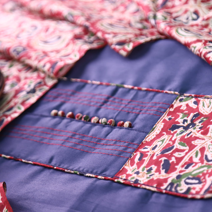 Radhika Indigo Blue Potli Button with Kalamakari Printed  Neck Patch Cotton Suit Set