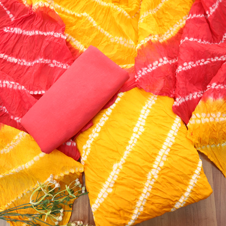 Leher Sunflower Orange Leheriya Printed Authentic Bandhej Cotton Satin Set