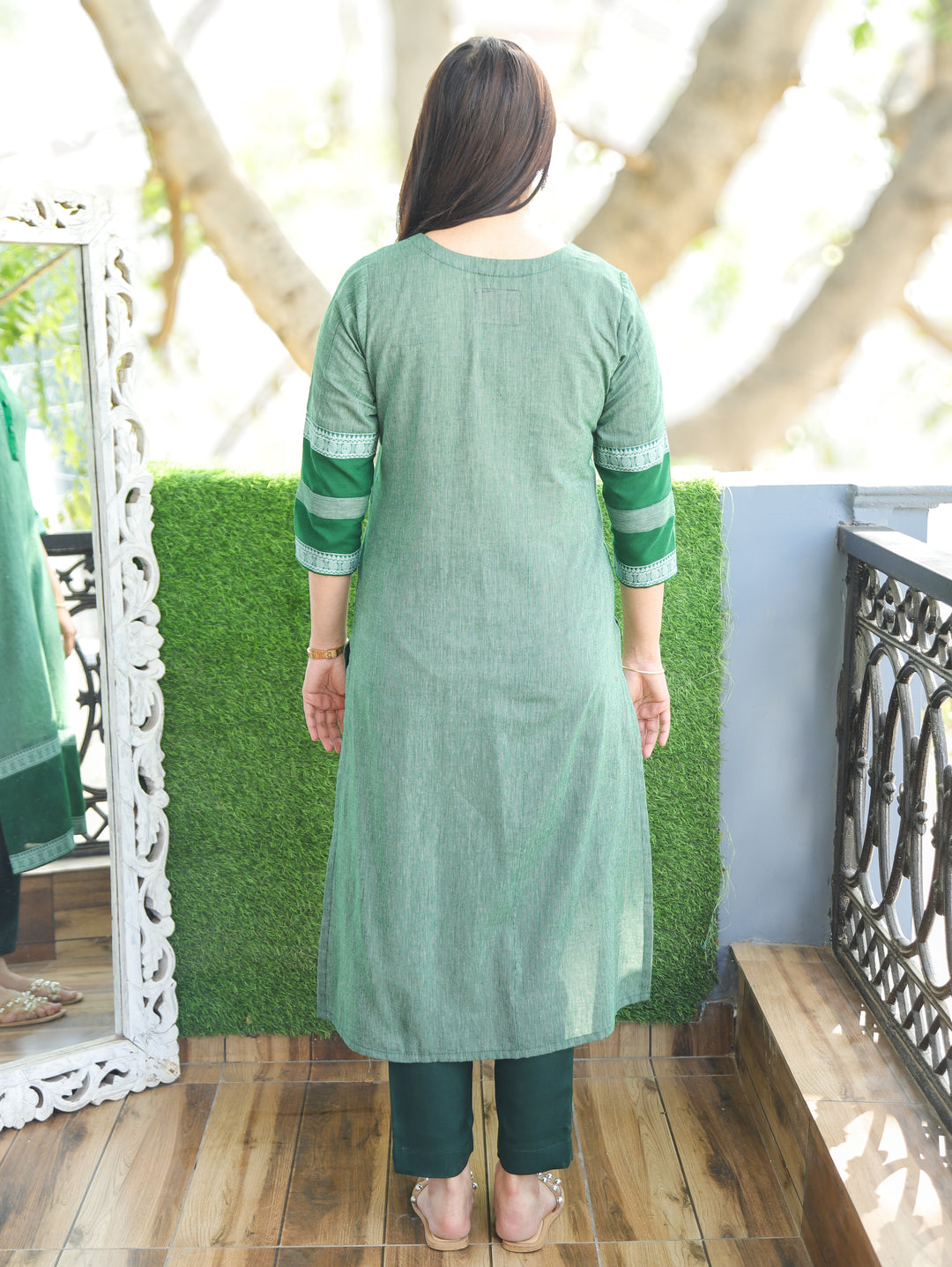 Tara Castleton Green Round Neck with Button and Patch on Hem Work South Cotton Kurti