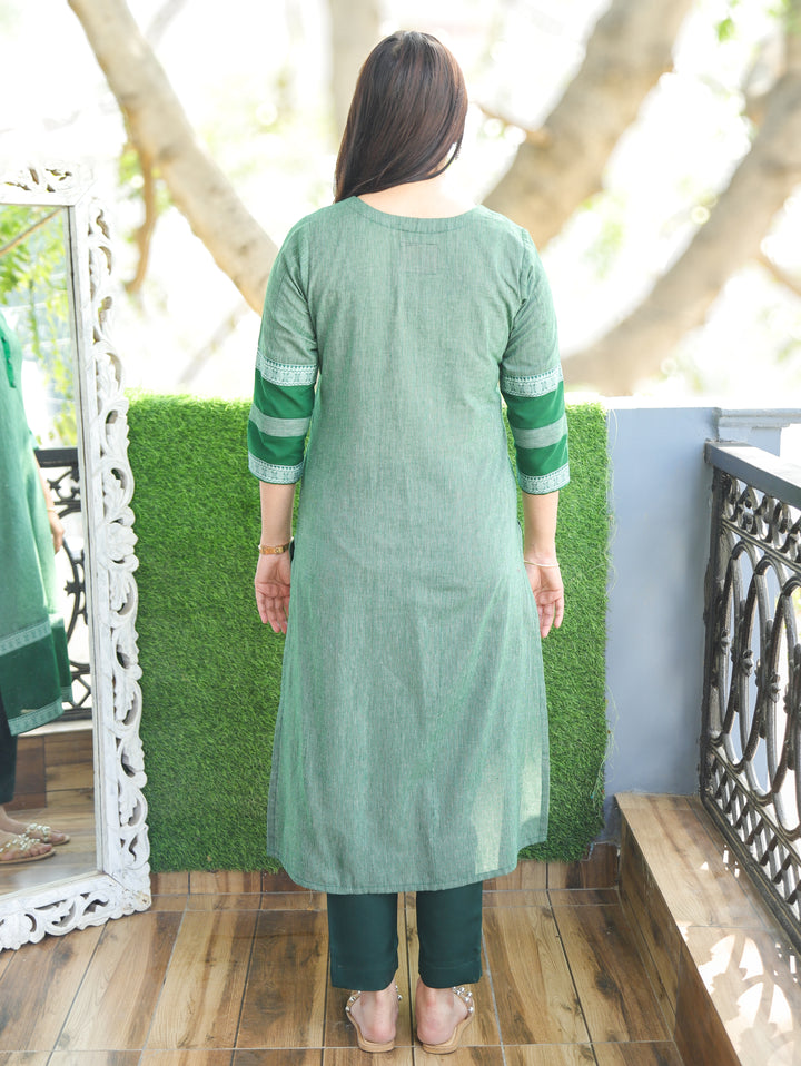 Tara Castleton Green Round Neck with Button and Patch on Hem Work South Cotton Kurti