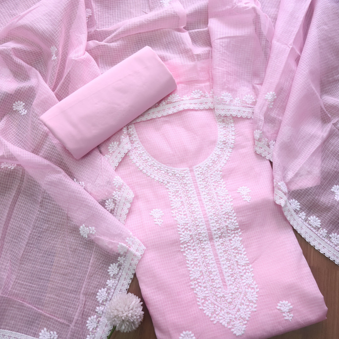 Ramaya Bubblegum Pink All Over Thread with Neck Work Kota Doriya Suit Set
