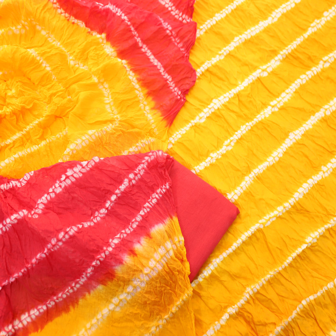 Leher Sunflower Orange Leheriya Printed Authentic Bandhej Cotton Satin Set