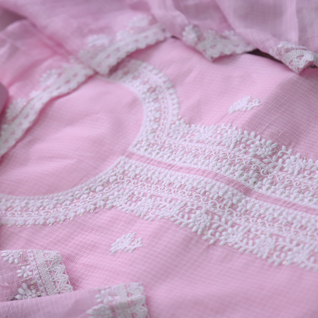 Ramaya Bubblegum Pink All Over Thread with Neck Work Kota Doriya Suit Set