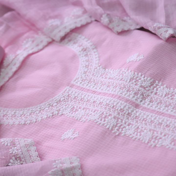Ramaya Bubblegum Pink All Over Thread with Neck Work Kota Doriya Suit Set
