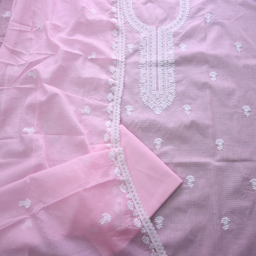 Ramaya Bubblegum Pink All Over Thread with Neck Work Kota Doriya Suit Set