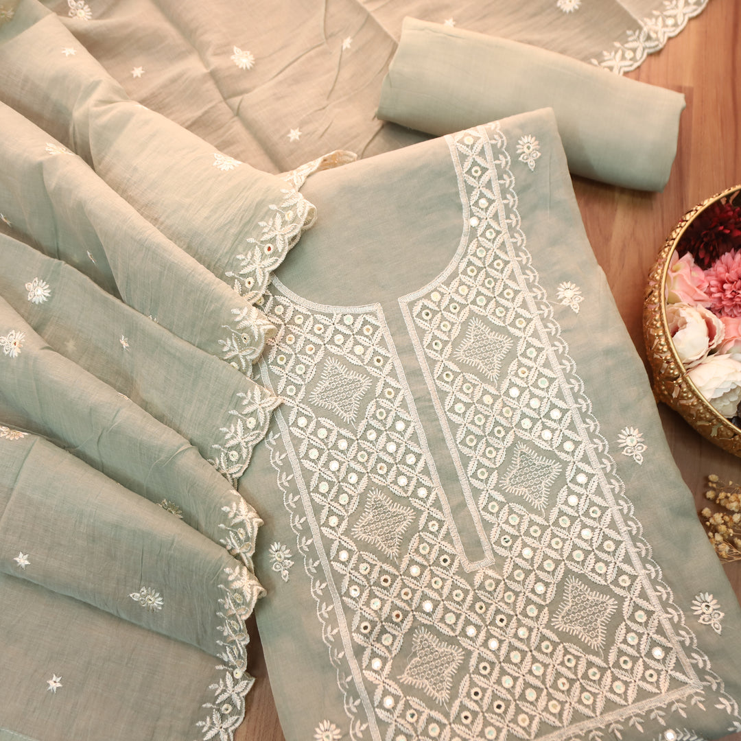 Vamika Sage Green Embroidered with Patra Panel Mul Chanderi Set