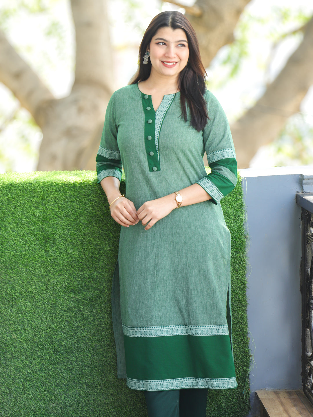 Tara Castleton Green Round Neck with Button and Patch on Hem Work South Cotton Kurti