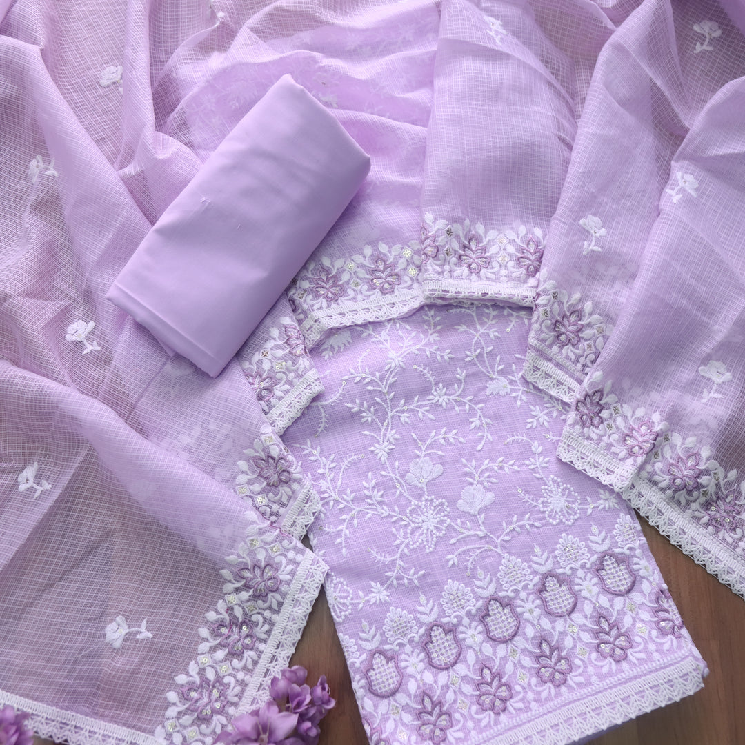 Ramaya Bright Lilac All Over Thread Work Kota Doriya Suit Set