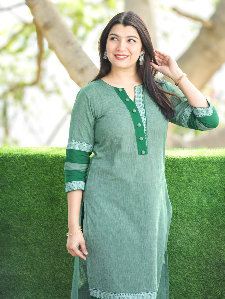 Tara Castleton Green Round Neck with Button and Patch on Hem Work South Cotton Kurti