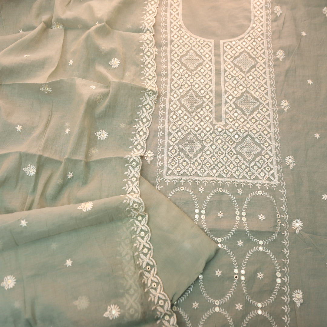 Vamika Sage Green Embroidered with Patra Panel Mul Chanderi Set
