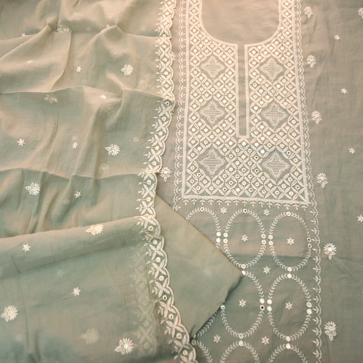 Vamika Sage Green Embroidered with Patra Panel Mul Chanderi Set