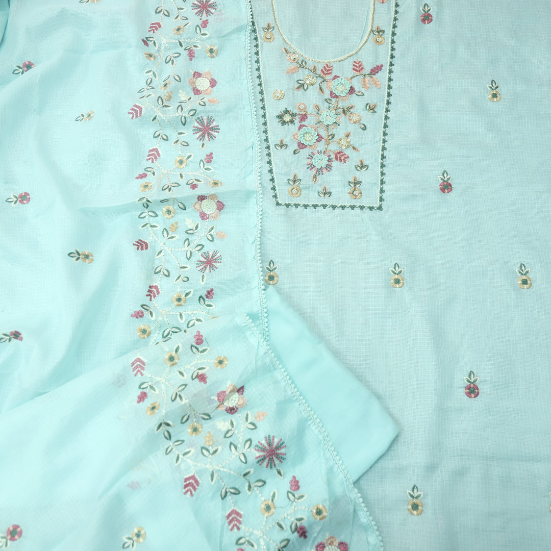 Roopsoni Cyan Blue Embroidered Yoke with Kardana and Moti Work Kota Doriya Suit Set
