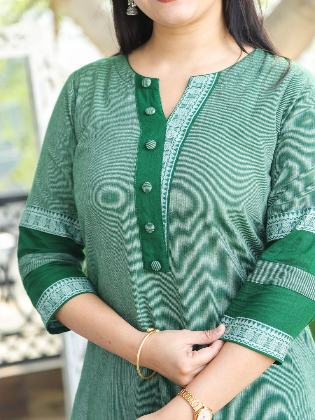 Tara Castleton Green Round Neck with Button and Patch on Hem Work South Cotton Kurti