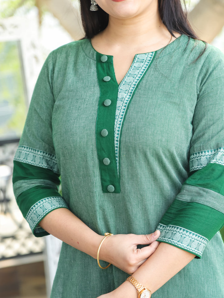 Tara Castleton Green Round Neck with Button and Patch on Hem Work South Cotton Kurti