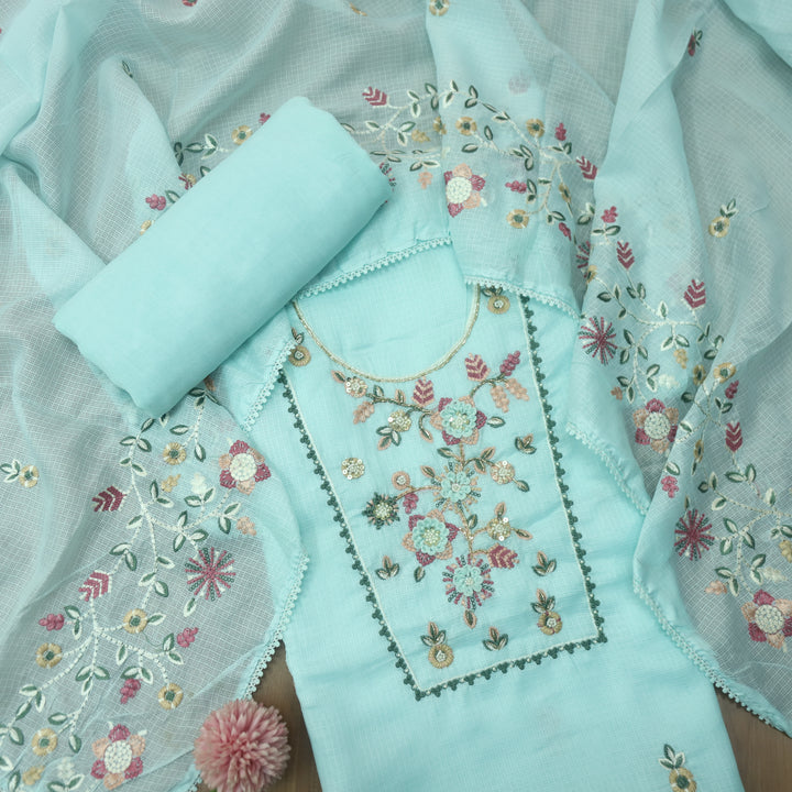 Roopsoni Cyan Blue Embroidered Yoke with Kardana and Moti Work Kota Doriya Suit Set