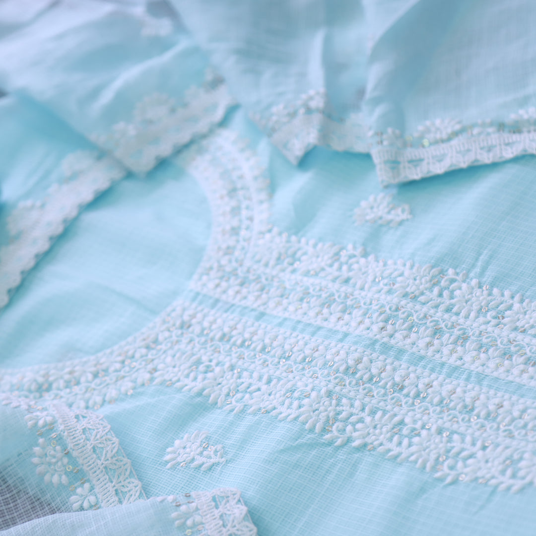 Ramaya Baby Blue All Over Thread with Neck Work Kota Doriya Suit Set