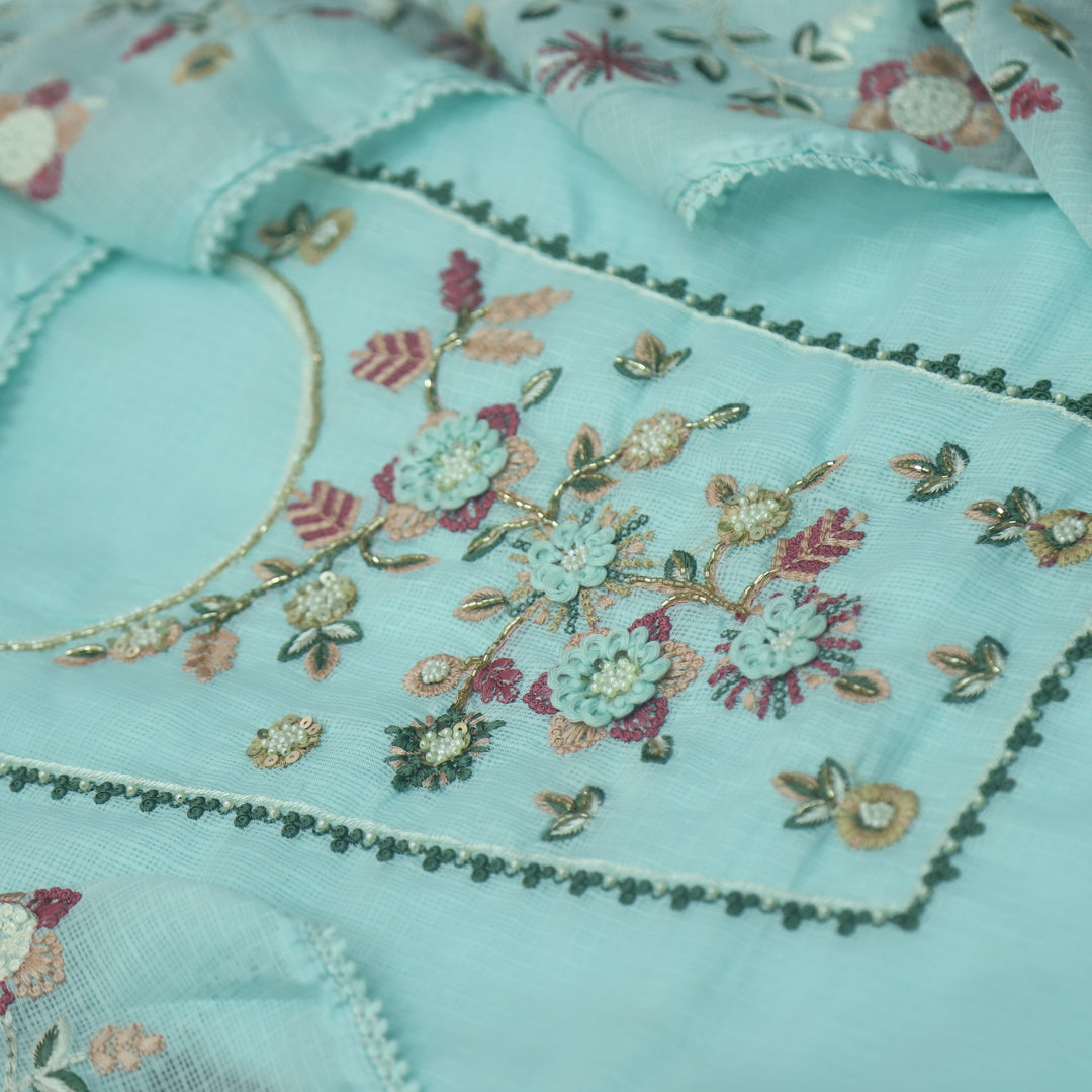 Roopsoni Cyan Blue Embroidered Yoke with Kardana and Moti Work Kota Doriya Suit Set