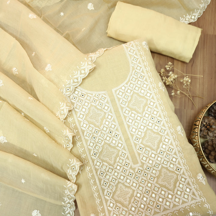 Vamika Sand Beige Embroidered with Patra Panel Mul Chanderi Set