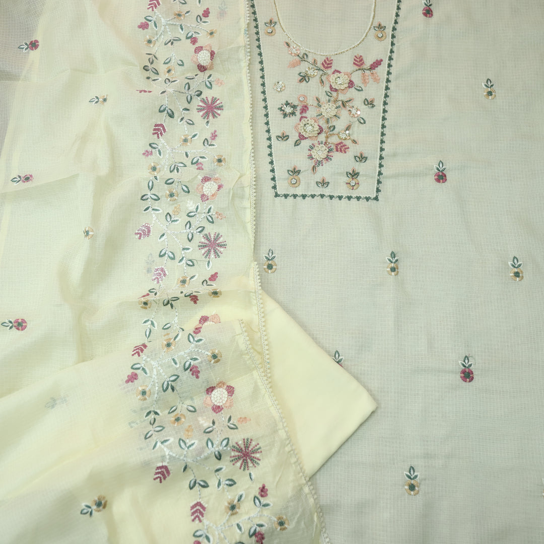 Roopsoni Butter Yellow Embroidered Yoke with Kardana and Moti Work Kota Doriya Suit Set