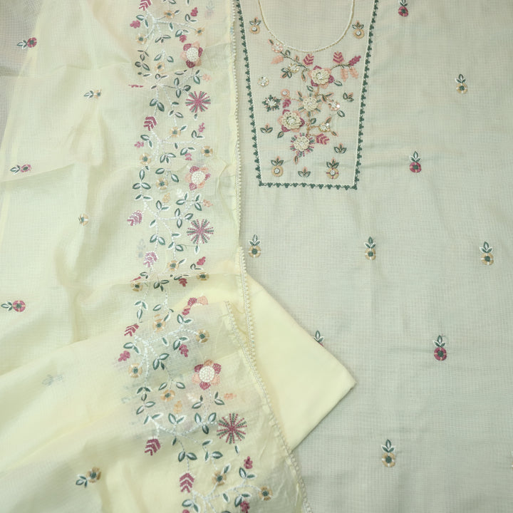 Roopsoni Butter Yellow Embroidered Yoke with Kardana and Moti Work Kota Doriya Suit Set