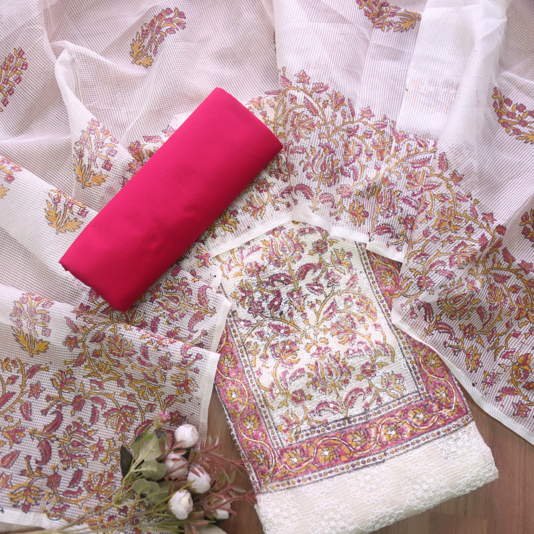 Geet Rani Pink All Over Thread Embroidered Work Printed Kota Doriya Suit Set