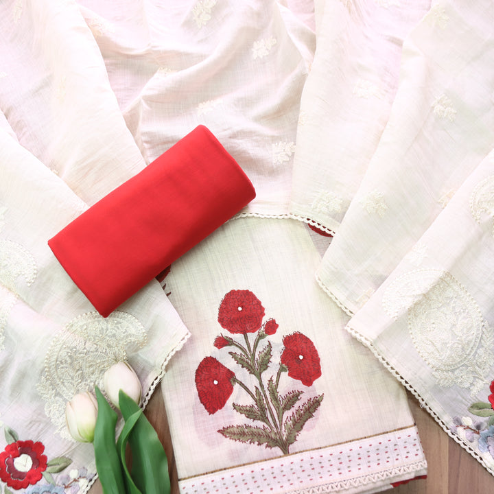 Kalyani Beige with Red Block Printed Mul Chanderi Set