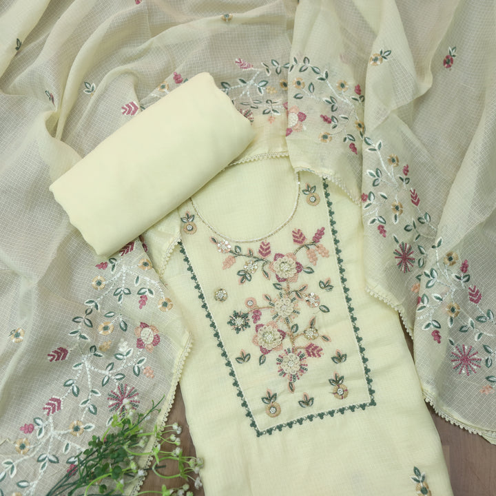 Roopsoni Butter Yellow Embroidered Yoke with Kardana and Moti Work Kota Doriya Suit Set