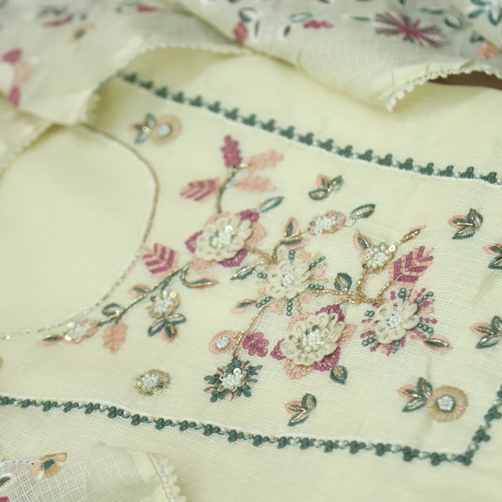 Roopsoni Butter Yellow Embroidered Yoke with Kardana and Moti Work Kota Doriya Suit Set