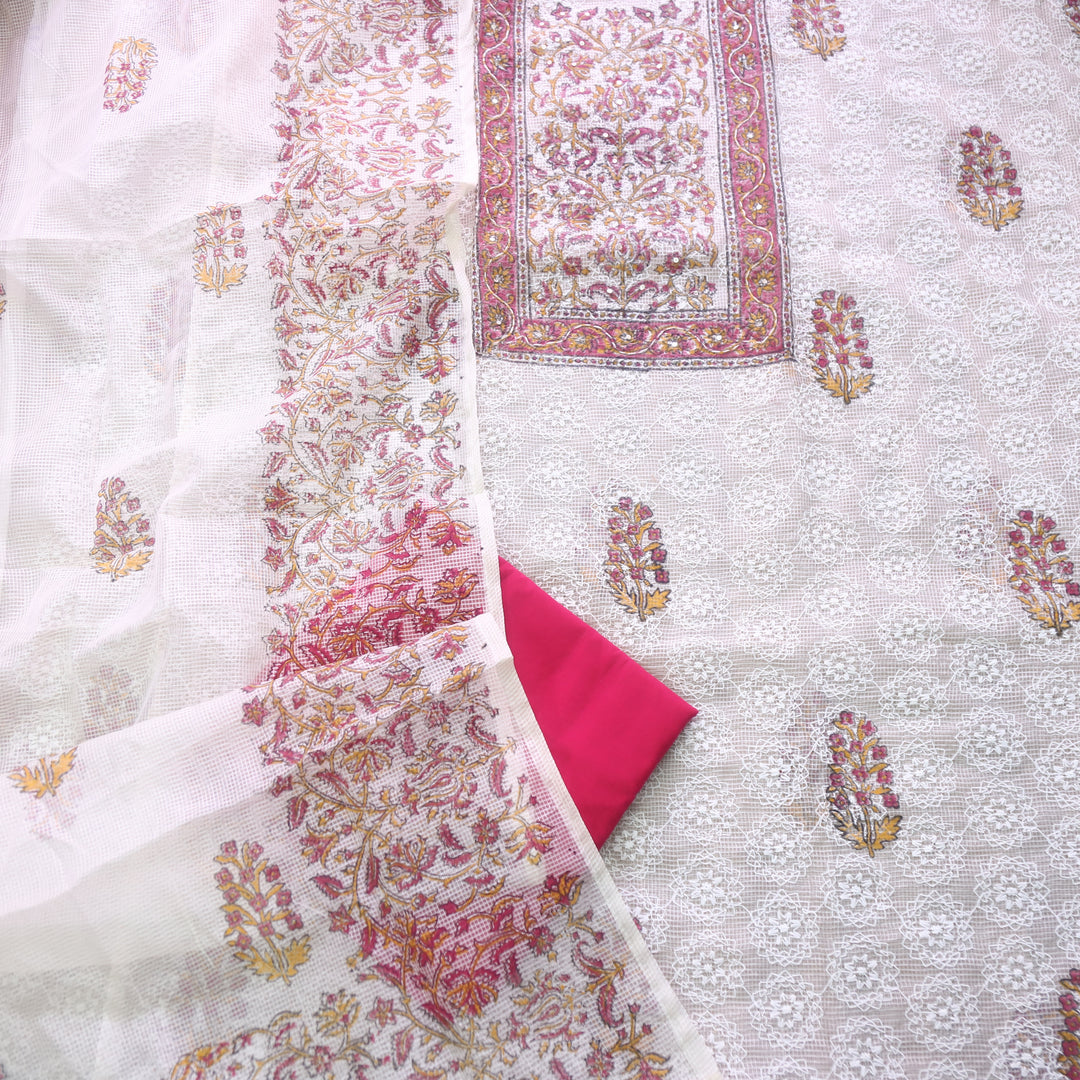 Geet Rani Pink All Over Thread Embroidered Work Printed Kota Doriya Suit Set