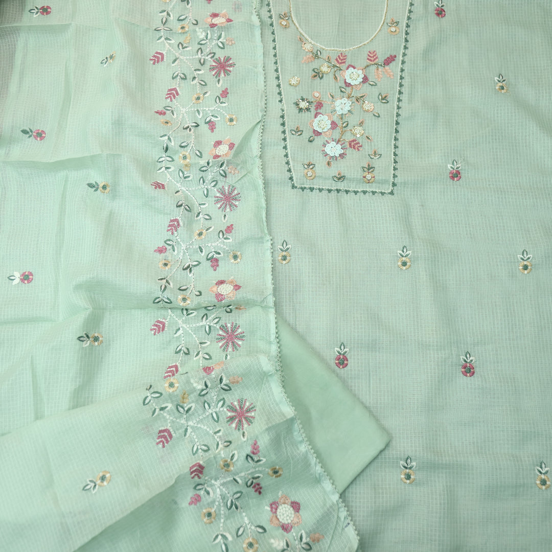 Roopsoni Mint Green Embroidered Yoke with Kardana and Moti Work Kota Doriya Suit Set