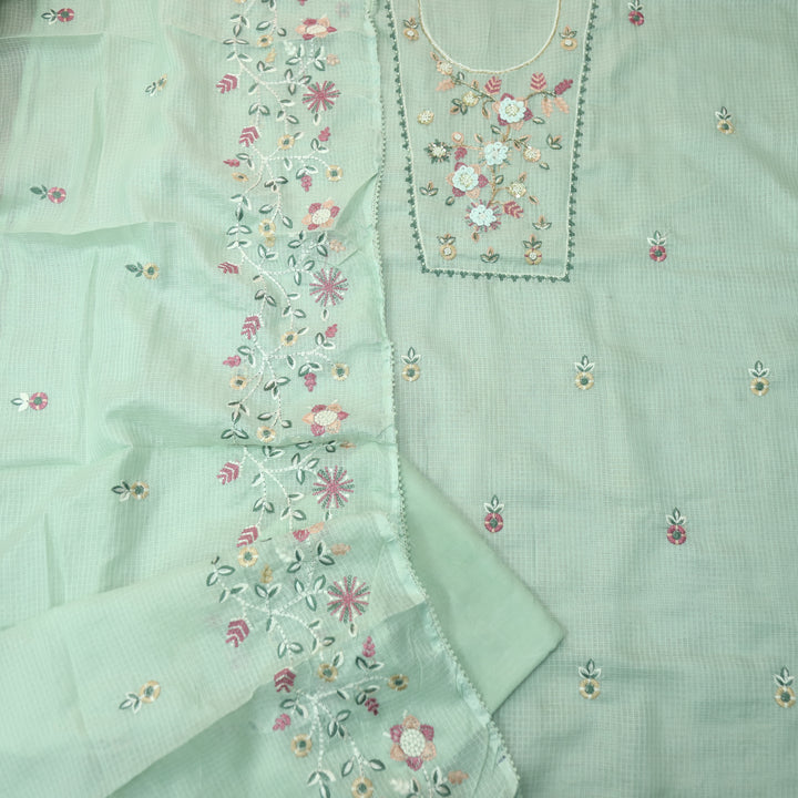 Roopsoni Mint Green Embroidered Yoke with Kardana and Moti Work Kota Doriya Suit Set