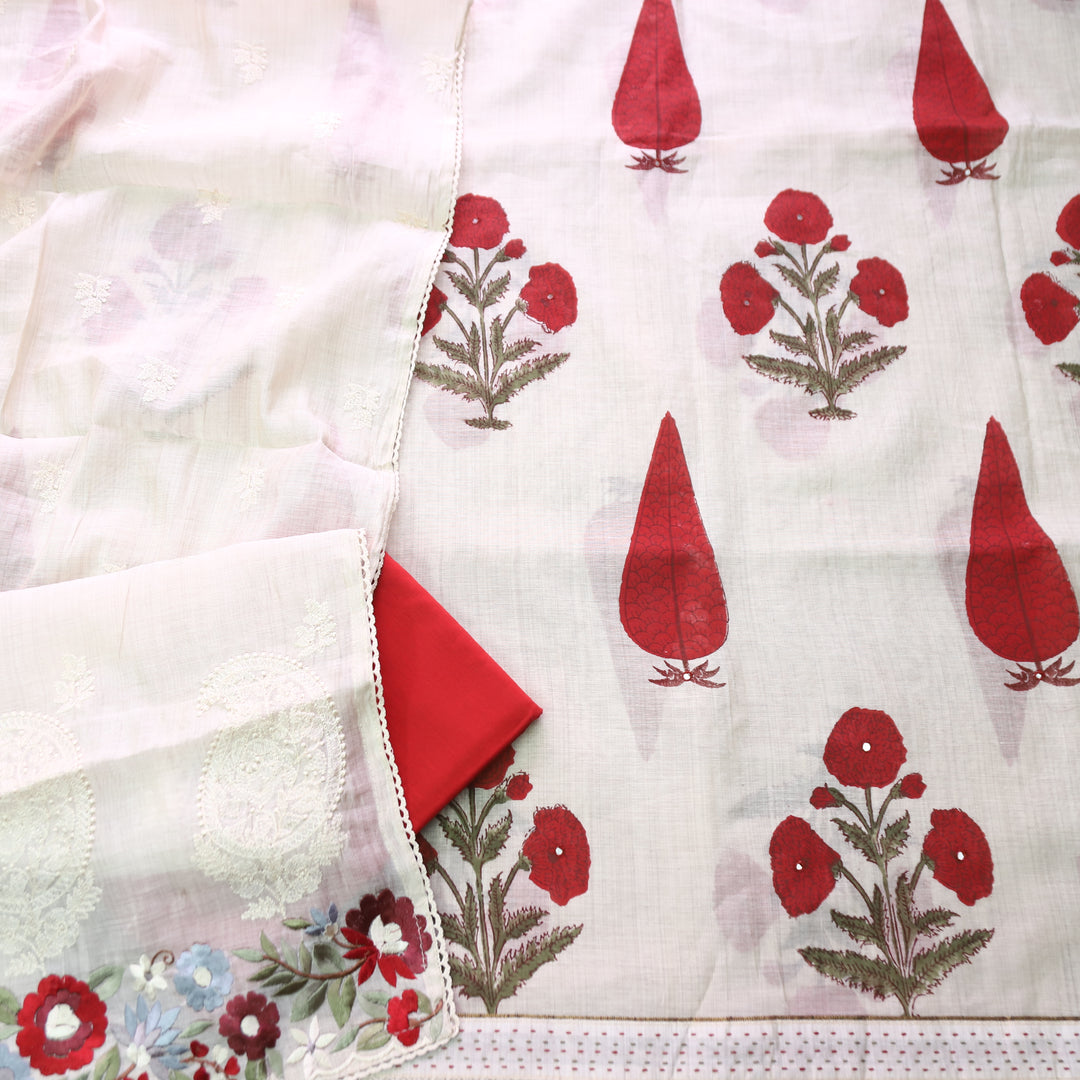 Kalyani Beige with Red Block Printed Mul Chanderi Set