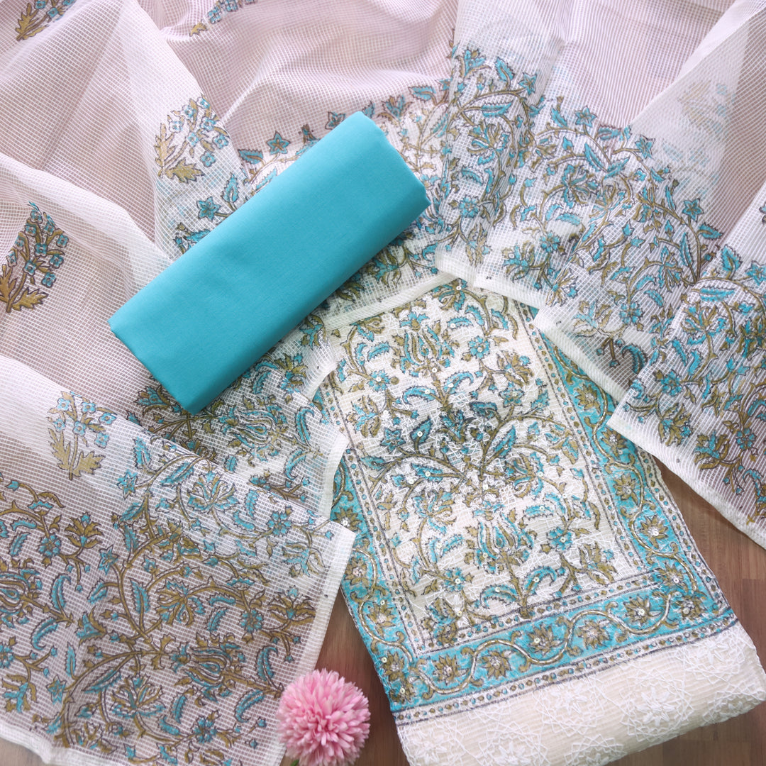 Geet Aqua Teal All Over Thread Embroidered Work Printed Kota Doriya Suit Set