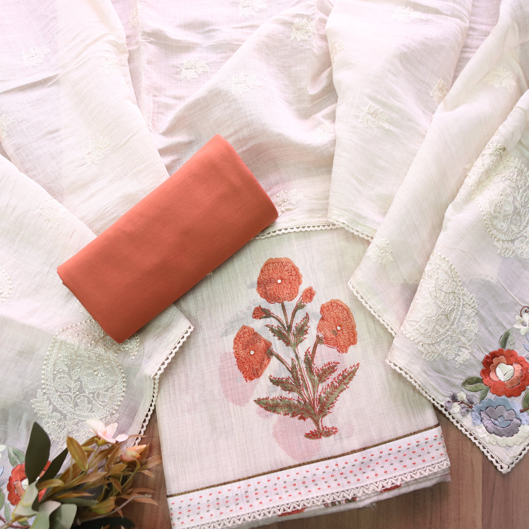 Kalyani Beige with Rust Block Printed Mul Chanderi Set