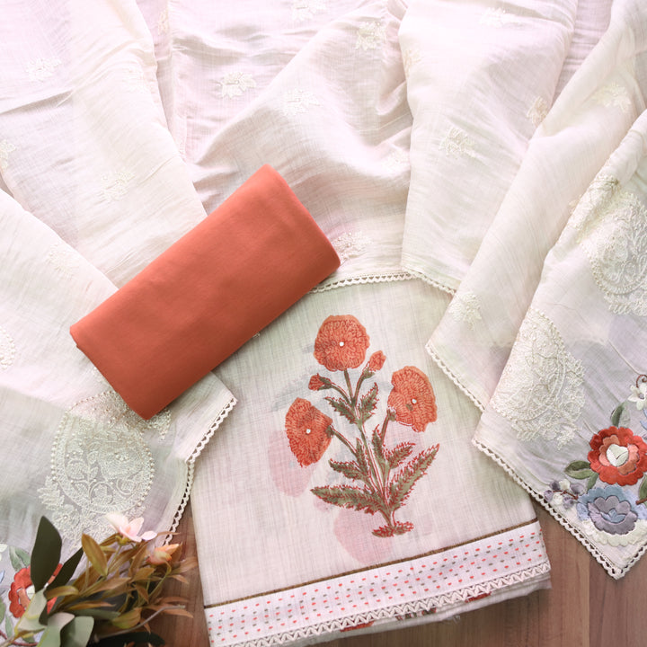 Kalyani Beige with Rust Block Printed Mul Chanderi Set