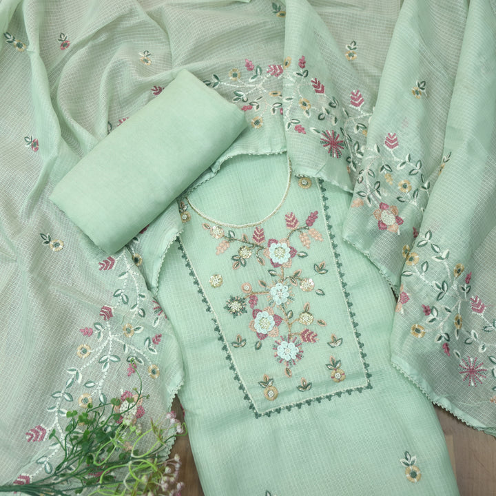 Roopsoni Mint Green Embroidered Yoke with Kardana and Moti Work Kota Doriya Suit Set