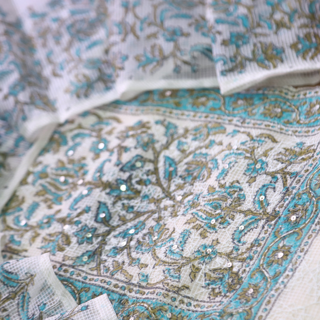 Geet Aqua Teal All Over Thread Embroidered Work Printed Kota Doriya Suit Set
