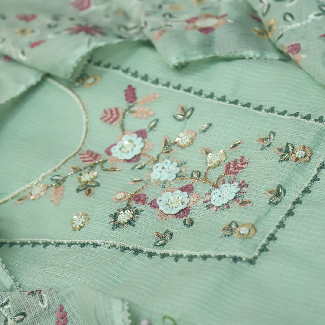 Roopsoni Mint Green Embroidered Yoke with Kardana and Moti Work Kota Doriya Suit Set