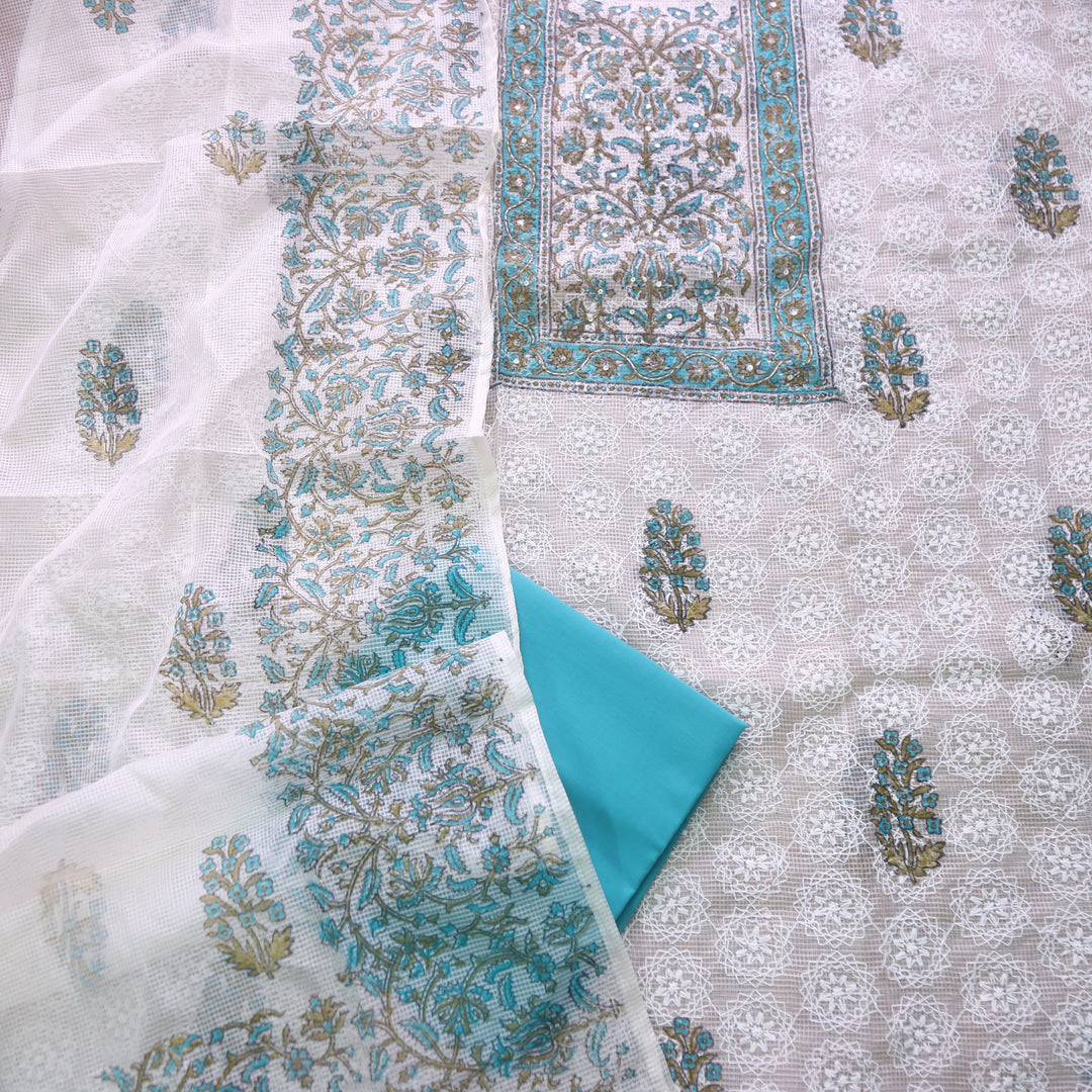 Geet Aqua Teal All Over Thread Embroidered Work Printed Kota Doriya Suit Set