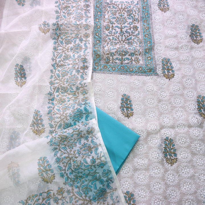 Geet Aqua Teal All Over Thread Embroidered Work Printed Kota Doriya Suit Set