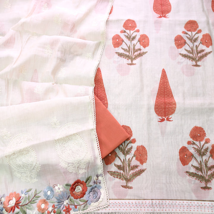 Kalyani Beige with Rust Block Printed Mul Chanderi Set
