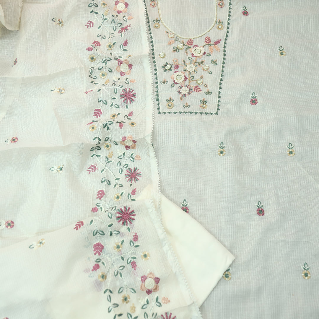 Roopsoni Off-White Embroidered Yoke with Kardana and Moti Work Kota Doriya Suit Set