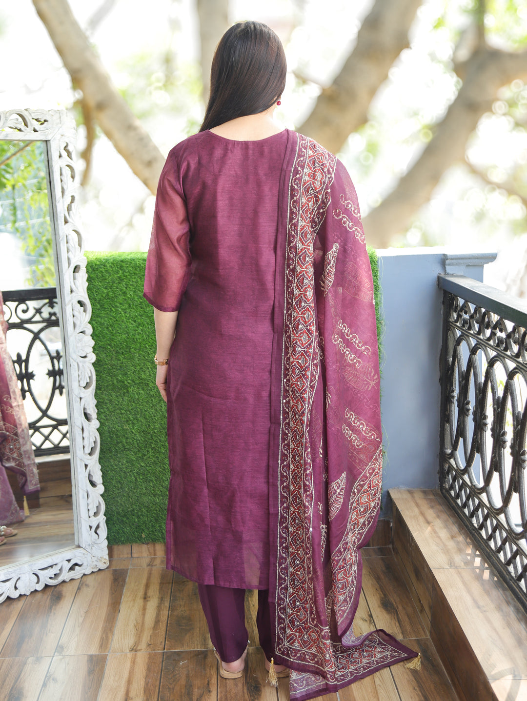 Nandani Mulberry Purple Printed Neck with Kolkata Hand Kantha Work Chanderi 3 Piece Set
